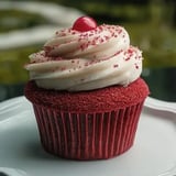 Ein samtiger roter Cupcake mit weißem Topping und einer Kirsche obendrauf.