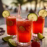 Drei Gläser mit rotem Drink, dazu Limetten und Erdbeeren.