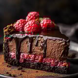 Ein Kuchenstück mit Schokolade und Himbeeren oben drauf.