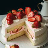 Ein Stück Kuchen mit Erdbeeren oben drauf.