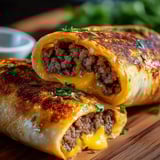 Zwei mit Fleisch gefüllte Burritos auf einem Tisch.
