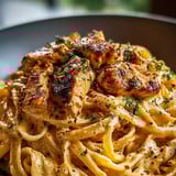 Eine Schüssel Pasta mit Hähnchen und Kräutern.