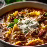Ein Teller Pasta mit Fleisch und Käse.