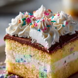 Ein Stück Kuchen mit weißem Frosting und bunten Streuseln.