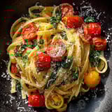 Schüssel Pasta mit Tomaten und Basilikum.