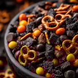 Ein Bohnenkrümel-Bowl mit Schokoladenglasur, Pretzel-Krümel, Nüsse und Schokolade.