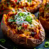 Ein gegrilltes Potato mit Käse, Tomaten, Paprika und Zwiebeln.