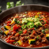 Ein schwarzes Becken mit einer Mischung aus Kartoffeln, Zwiebeln, Tomaten, Avocado und Zucchini.