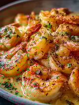 Teller mit Garnelen in weißer Sauce