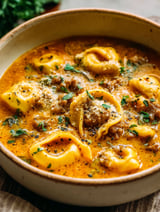 Eine Schüssel Suppe mit Pasta und Fleisch.