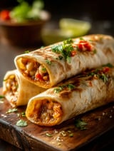 Zwei Bohnen-Burritos auf Holztisch.