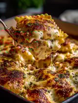 Ein Löffel steckt in einer Auflaufform mit Pasta und Fleisch.