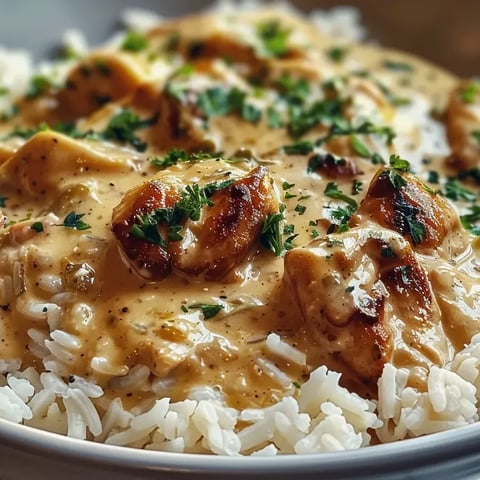 Eine Schüssel Reis mit Hähnchen in cremiger Soße.