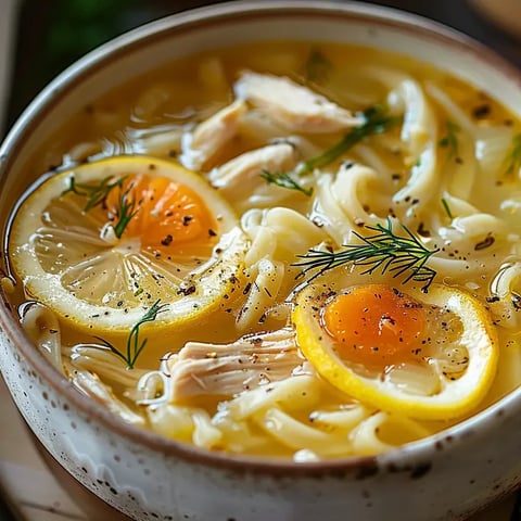 Eine Schüssel Griechische Zitronen Hühnersuppe.