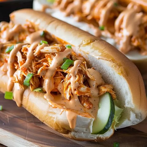 Ein Buffalo Hühnchen-Käse Sandwich auf einem Holztisch.