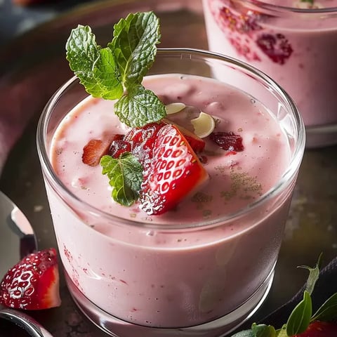 Ein Glas gekühlte Erdbeer-Joghurt-Suppe.