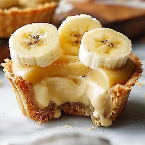 Eine Nahaufnahme eines Bananencremetörtchens mit Bananenscheiben als Dekoration.