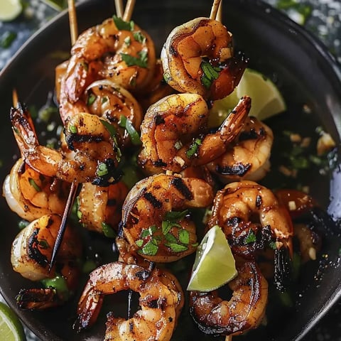 Ein Teller mit gegrillten Garnelen-Spießen und Limetten.
