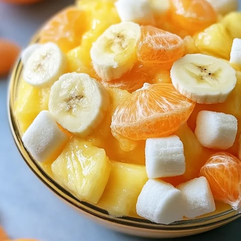 Eine Schüssel Obstsalat mit Bananen, Orangen und Marshmallows.