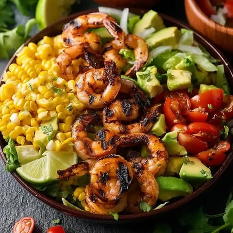 Eine Schüssel mit gegrillten mexikanischen Garnelen, Mais und Avocado Salat.