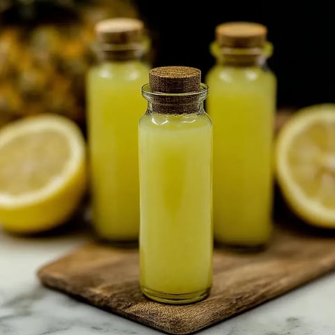 Drei Flaschen mit Ananas-Kokos-Zitrone-Ingwer Wellness-Getränken.