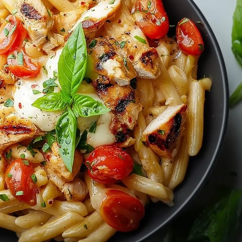 Eine Schüssel Huhn Mozzarella Nudeln.