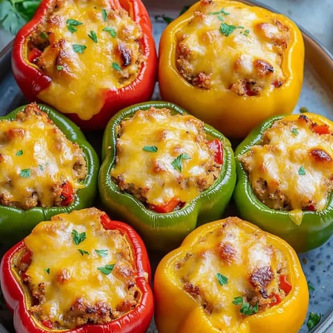 Vier gefüllte Paprikaschoten mit Käse und Kräutern.