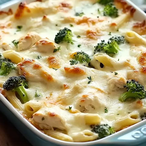 Ein Teller mit Hähnchen-Brokkoli-Alfredo-Auflauf.