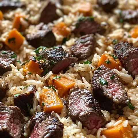 Eine Pfanne mit Reis, Fleisch und Gemüse.