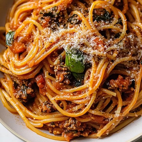 Eine Schüssel Spaghetti mit Fleischsoße und Käse.