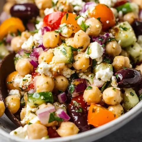Eine Schüssel mit griechischem Kichererbsensalat.