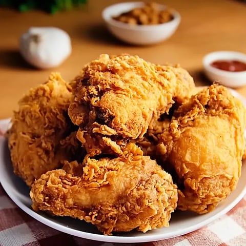 Ein Teller mit frittiertem Hähnchen neben einer Schüssel mit Gewürzen.