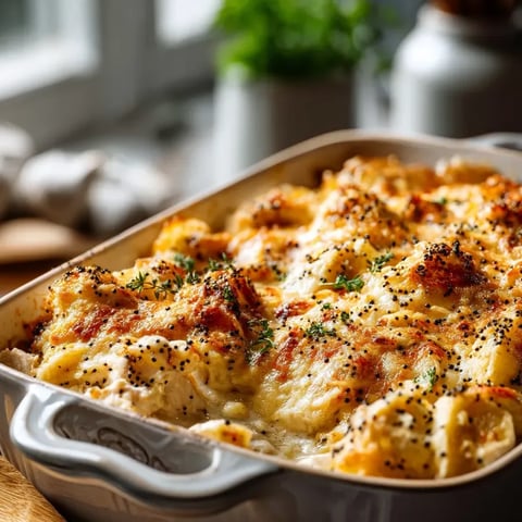 Eine Auflaufform gefüllt mit Hähnchen und Mohnsamen.