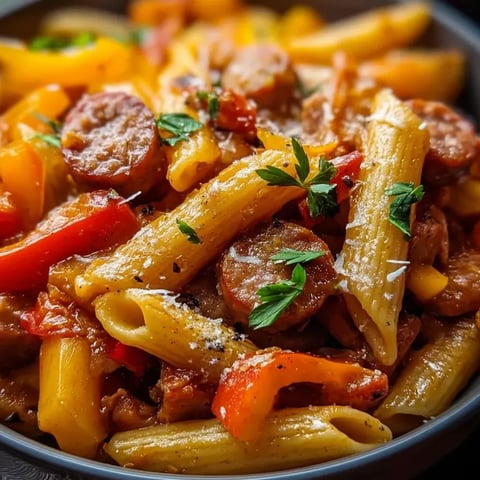Eine Schüssel Nudeln mit Wurst und Paprika.