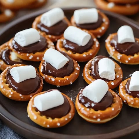 Ein Teller mit Schoko-Marshmallow-Brezel Häppchen.