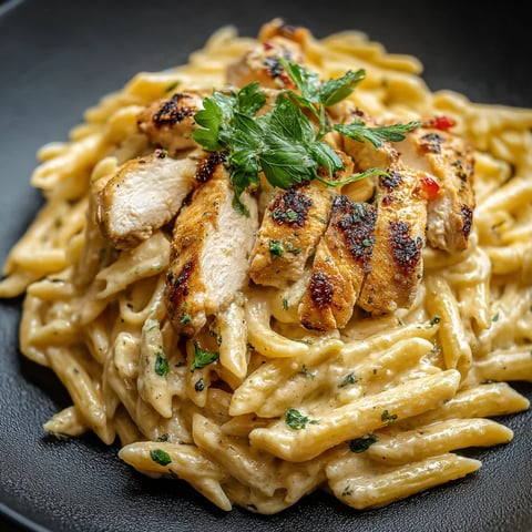 Ein Teller mit Hühnchen und Pasta mit grüner Garnierung.