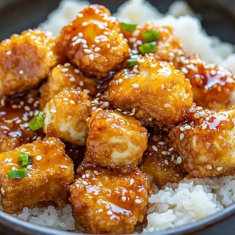 Eine Schüssel mit knusprigem Honig-Knoblauch-Tofu.