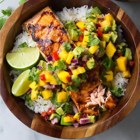 Eine Schüssel mit gegrilltem Lachs und Mangosoße.