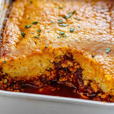 Ein gebackenes Gericht mit Maisbrot-Kruste und BBQ-Hähnchenfüllung.