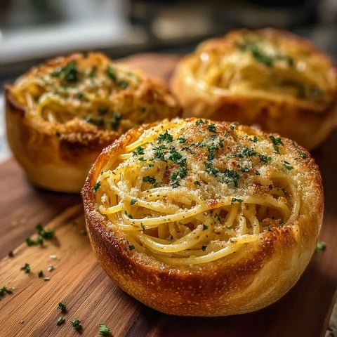Zwei Schalen Spaghetti im Knoblauchbrot.