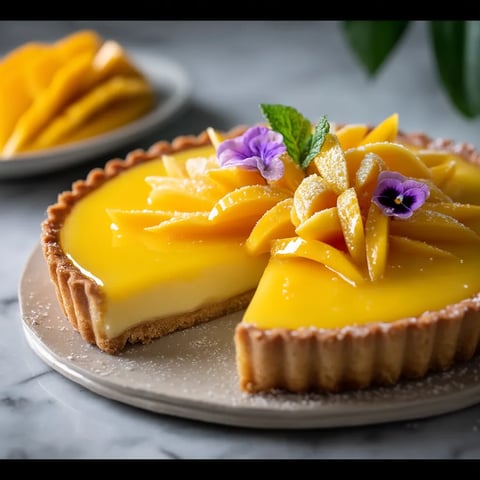 Ein Stück Mango-Quark-Tarte.