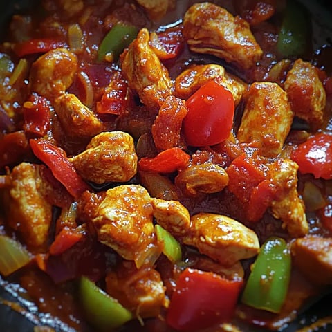 Ein Gericht mit Hähnchen und Paprika in einer Pfanne.