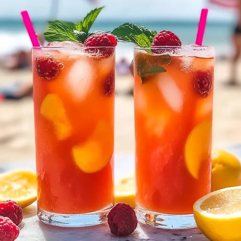 Zwei Gläser Himbeer-Pfirsich-Limonade auf einem Tisch.