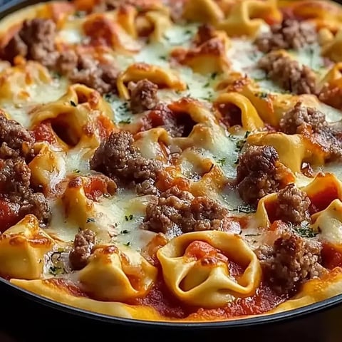 Eine Pizza mit Fleisch und Käse belegt.