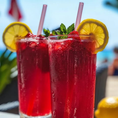 Zwei Gläser Erdbeerlimonade mit Zitronenscheiben.
