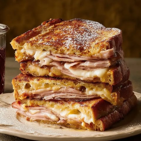 Ein Stapel Monte Cristo Sandwiches.