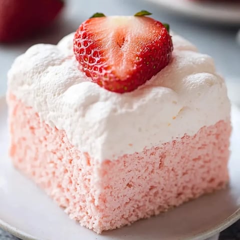 Ein Stück rosa-weiße Creme mit Erdbeere oben drauf.
