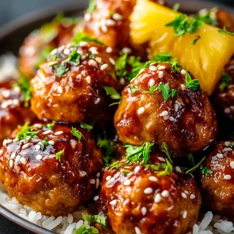 Ein Teller mit Bällchen, Ananas und Teriyaki-Soße.