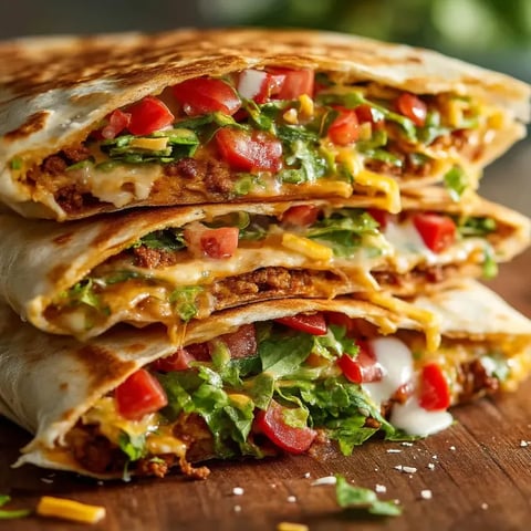 Drei gestapelte knusprige Crunchwraps mit Beef und Käse.