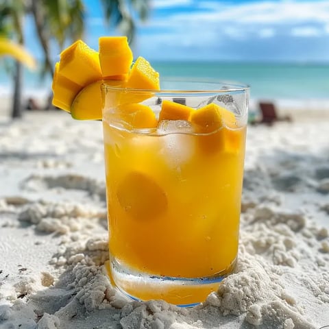 Ein Glas Mango-Zitronengetränk am Strand.